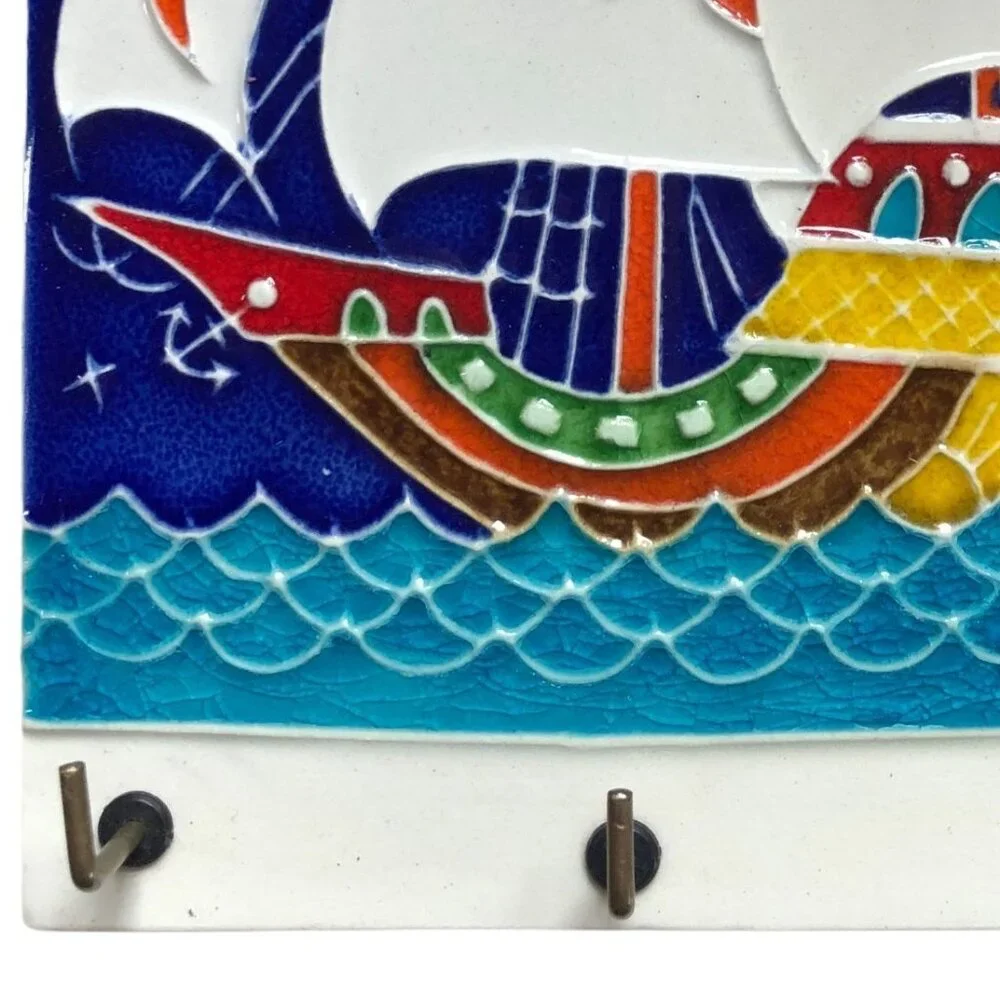 Vintage Luciano Saken Creazioni Italy Ceramic Key Holder Wall Tile Sailing Ship